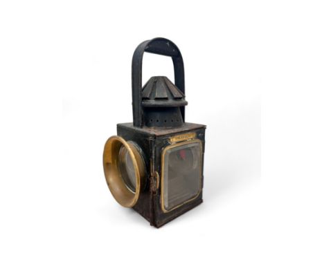 Interesting Old Railway Lamp. Large clear circular lens to one side with brass deflector, another large clear square lens to 