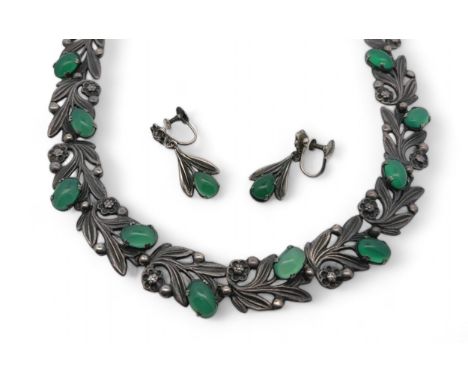 A Bernard Instone Arts and Crafts silver and green stone necklace, stamped sterling silver and with BI hallmark to clasp. App