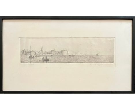 Rowland Langmaid (British, 1897-1956), ‘Old Portsmouth’ drypoint etching on paper. Signed and titled in pencil, framed and gl