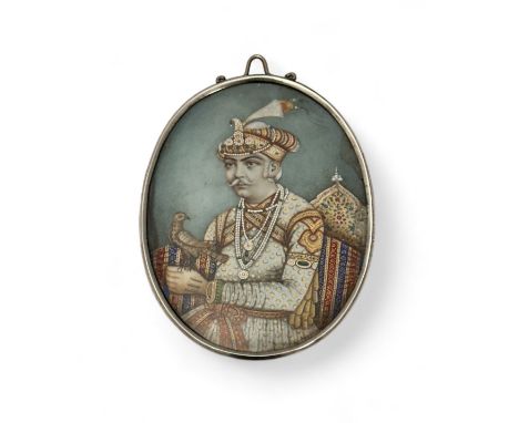 A large 19ct Century Indian School portrait miniature on ivory reputed to depict Shah Jahan who built the Taj Mahal. Dimensio