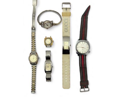 Six watches/ watch heads to include Timex, Gucci, Hillman, Elix, Next and Dorna. Watches untested.