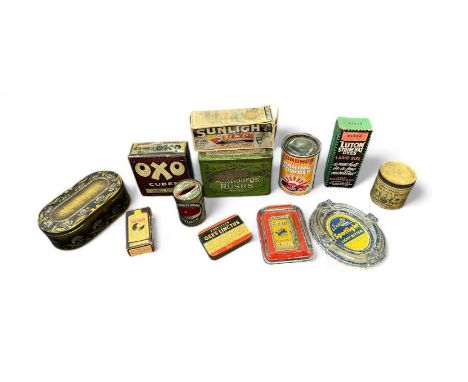 Collection of Old Tins and Advertising Bottles to include: Edmonds Baking Powder, Gee's Linctus Pastilles, Oxo cubes, Allen &