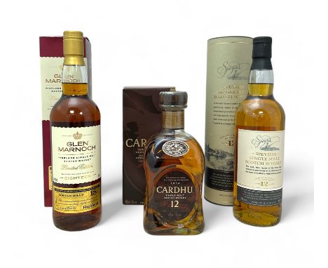 Trio of Single Malt Scotch Whiskys including Speyside Aged 12 Years, Cardhu Aged 12 Years and Glen Marnoch Aged 18 Years. All