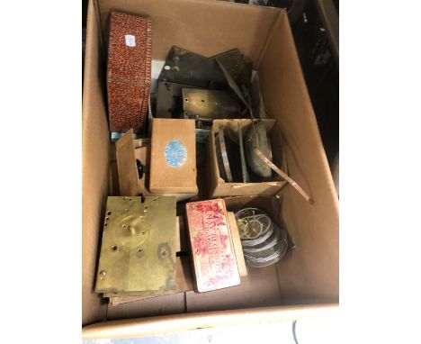 TWO 19th. C. LONG CASE CLOCK MOVEMENTS, VARIOUS OTHER CLOCK MOVEMENT PARTS, AND A SMALL COLLECTION OF VINTAGE WOODWORKING TOO