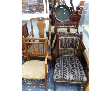 A VICTORIAN MAHOGANY SIDE CHAIR, TWO ELBOW CHAIRS AND A COMMODE CHAIR WITH CANED SEAT