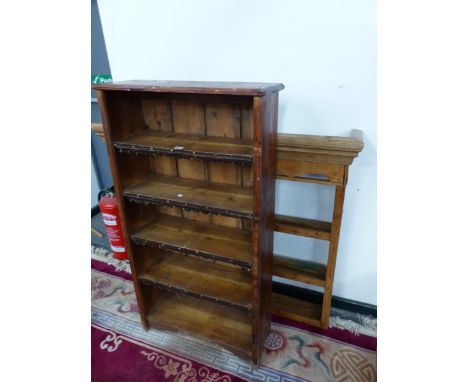 A PINE OPEN BOOKCASE TOGETHER WITH A PINE OPEN BACKED THREE SHELF DRESSER BACK