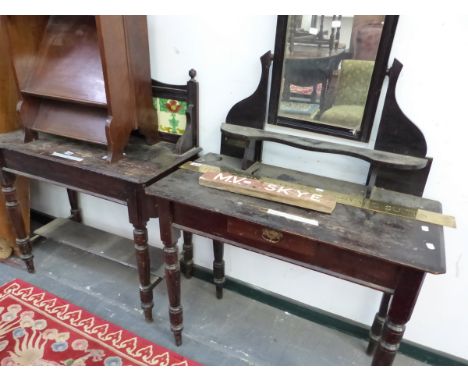 A STAINED PINE DRESSING TABLE AND A TILE BACKED WASH STAND EN SUITE.   W 99 x D 41 x H 105cms.