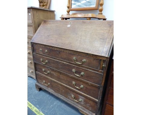 A GEORGE III MAHOGANY BUREAU, THE FALL ABOVE FOUR GRADED DRAWERSAND BRACKET FEET.   W 98 x D 58 x H 107cms.