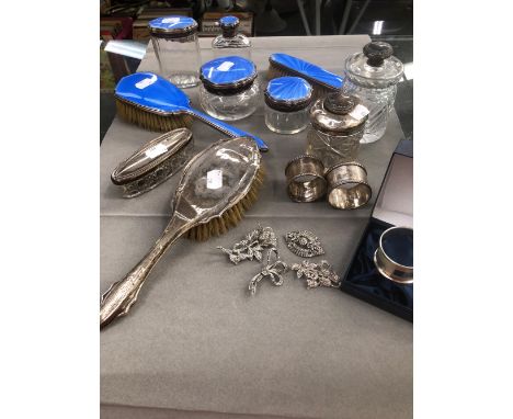 A HALLMARKED SILVER AND GUILLOCHE ENAMEL DRESSING TABLE SET, TOGETHER WITH A PAIR OF MILLENNIUM HALLMARKED NAPKIN RINGS, TWO 