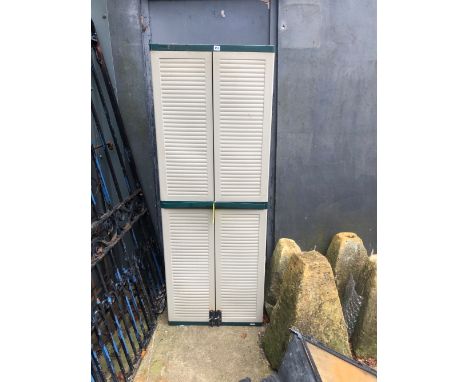 A PLASTIC GARDEN TOOL BOX. H. 175cms. W. 65cms. D. 45cms