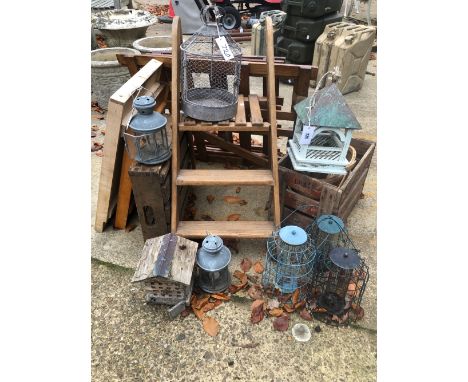 A WOODEN STEP LADDER, TWO WOODEN GRATES, WOODEN SINK DRAINER ETC