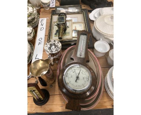 AN ENGLISH MADE EDWARDIAN PERIOD DESK THERMOMETER, A WALL BAROMETER, VARIOUS MILITARY PRINTS, AND A POLISH PART DINNER SERVIC