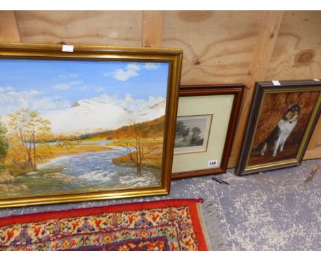A DECORATIVE LANDSCAPE OIL PAINTINGS. TOGETHER WITH A DOG PORTRAIT AND TWO PRINTS. SIZES VARY