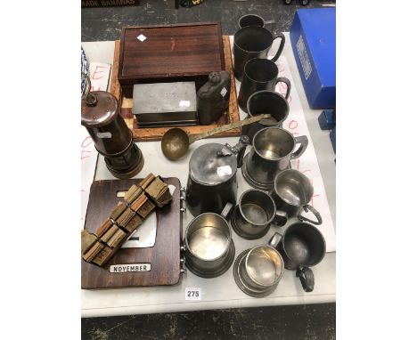 VARIOUS PEWTER TANKARDS, A WALL CALENDAR, A MINERS LAMP, MODERN BRASS CHESS SET, AND A VINTAGE BUS CONDUCTORS TICKET RACK. 
