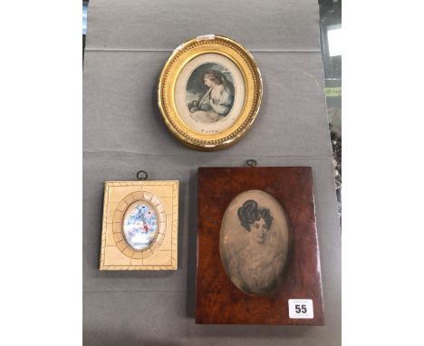 A BURR WALNUT FRAMED ENGRAVED PORTRAIT, A HAND PAINTED MINIATURE FLOWER STUDY BY ARTHUR LEETE 1934, AND ONE OTHER GILT FRAMED
