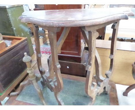 A 19th C. AND LATER EUROPEAN WALNUT CONSOLE TABLE SUPPORTED ON LYRE SHAPED BRACKET LEGS.  W 79 x D 39 x H 79cms. TOGETHER WIT