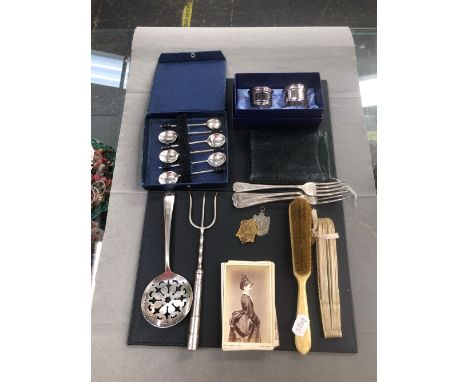 A SELECTION OF VICTORIAN PHOTOGRAPHIC PORTRAIT AND OTHER CARDS,A BONE FAN, A HALLMARKED SILVER FOB, EPNS CUTLERY, NAPKIN RING