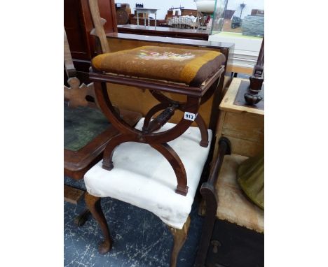 FIVE VARIOUS STOOLS, TO INCLUDE ONE WITH A SHELF ENCLOSED CUPBOARD BELOW THE SEAT