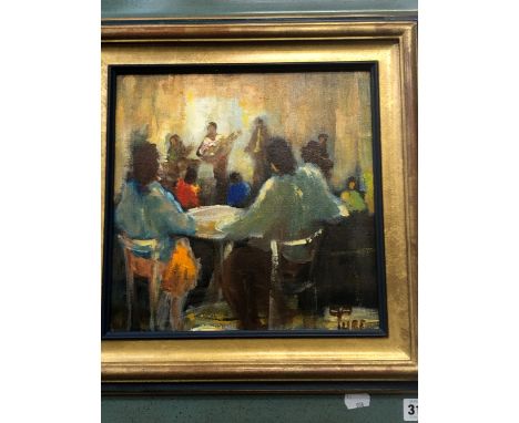 20th. C. SCHOOL "AU CABARET" SIGNED INDISTINCTLY AND INSCRIBED VERSO OIL ON CANVAS 31 x 31cms, TOGETHER WITH AN ANTIQUE PORTR