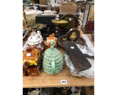 FOUR VINTAGE TEA POTS, KITCHEN SCALES, A PAIR OF BINOCULARS, ETC. 