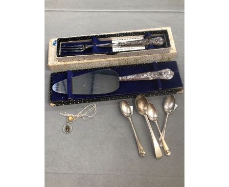 A SILVER HANDLED CAKE SLICE AND PICKLE FORK, FOUR SILVER TEA SPOONS AND A VINTAGE SPIDER AND WEB PENDANT ON CHAIN. 