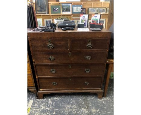 A 19th C. MAHOGANY CROSS BANDED OAK CHEST OF TWO SHORT AND THREE GRADED LONG DRAWERS ON BRACKET FEET.   W 97 x D 51 x H 105cm