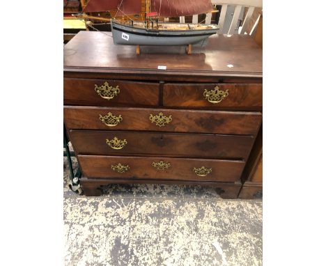 AN 18th C. WALNUT CHEST OF TWO SHORT AND THREE LONG DRAWERS ON BRACKET FEET.   W 94 x D 48 x H 85cms.
