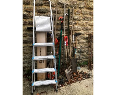 QUANTITY OF GARDEN TOOLS, STRIMMER, STEP LADDER ETC