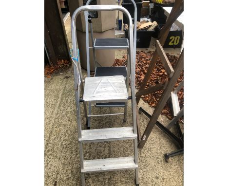 QUANTITY OF STEP LADDERS, TWO TOOL BOXES, AXLE STANDS ETC
