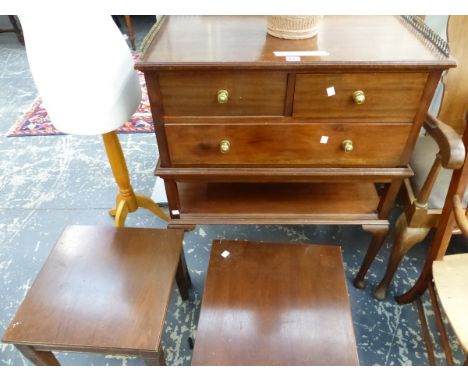 A 20th C. MAHOGANY CHEST WITH BRASS THREE QUARTER GALLERY ABOVE TWO SHORT AND TWO LONG DRAWERS, A SHELF AND CABRIOLE LEGS ON 