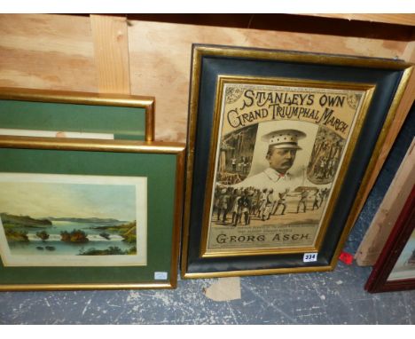 THREE VINTAGE FRAMED COLOUR PRINTS RELATING TO AFRICA, A SONG SHEET COVER WITH A PORTRAIT OF STANLEY, 34.5 x 24cms TOGETHER W