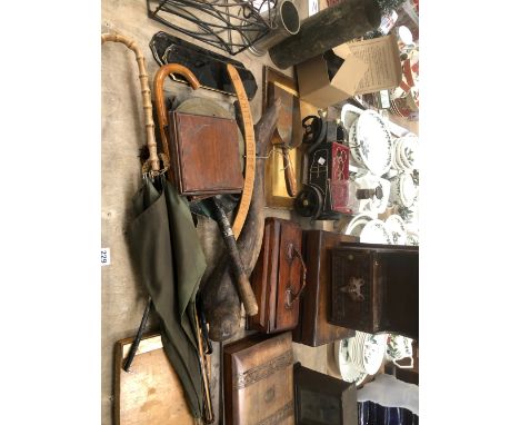 A COLLECTION OF ANTIQUE BOXES, A SMALL GUILLOTINE, A WHITE HORSE WHISKEY ADVERTISING COAT HANGER, A PIPE RACK ETC.  