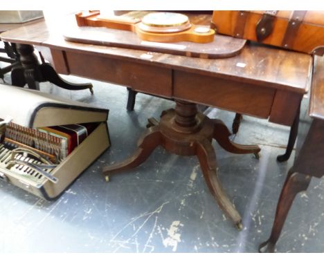 A 19th C. MAHOGANY SOFA TABLE WITH ROUNDED FLAPS, TWO CONCEALED DRAWERS, TURNED COLUMN ON FOUR LEGS WITH BRASS CASTER FEET.  