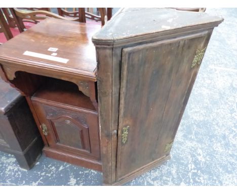 A LATE VICTORIAN MAHOGANY BEDSIDE CUPBOARD WITH AN OPEN SHELF ABOVE THE CARVED DOOR.   W 42 x D 40 x H 80cms. TOGETHER WITH A