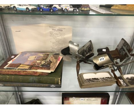THREE STEREOSCOPIC VIEWERS AND A QUANTITY OF SLIDES INCLUDING FIRST WORLD WAR IMAGES AND CUNARD DINNER MENUS, THE NAVY AND AR