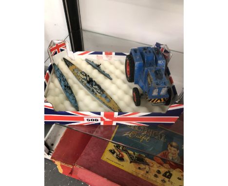 THREE DIE CAST WATERLINE SHIP MODELS AND A TRACTOR. 