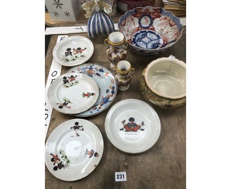 A ROYAL WORCESTER ROSE DECORATED BOWL, A VENETIAN GLASS FIGURE, IMARI BOWL AND PLATE, AND TWO HAND PAINTED SMALL VASES, AND F