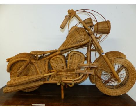 A WICKER HANDMADE MODEL OF A HARLEY DAVIDSON MOTORCYCLE.