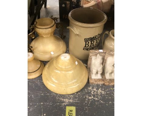 A LARGE WHITE PORCELAIN LAMP WITH PUTTI, A SMALL BRASS FRAMED MIRROR, CROCK POTS ETC. 