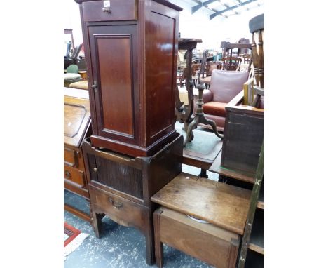 A GEORGE III MAHOGANY BEDSIDE TABLE.   W 50 x D 44 x H 72cms. A MAHOGANY COMMODE TABLE AND AN EDWARDIAN MAHOGANY BEDSIDE CUPB