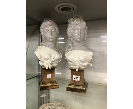 A PAIR OF PORCELAIN ROYAL WORCESTER BUSTS ON MAHOGANY PLINTHS. 