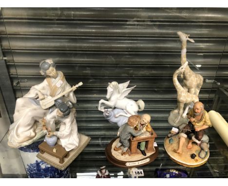 A LLADRO FIGURE ORIENTAL LADY, A SIMILAR LARGER NAO FIGURINE, A LLADRO PEGASUS,  AND OTHER FIGURINES. 