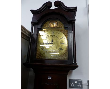 BRACKET WALLACE BRAMPTON, AN OAK LONG CASED 30 HOUR CLOCK WITH ARCHED BRASS DIAL