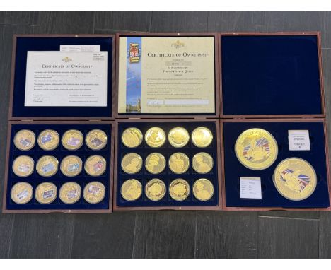 Collection of oversize gold plated coins with banknote sticker together with portraits of the queen & 2 British landmarks 