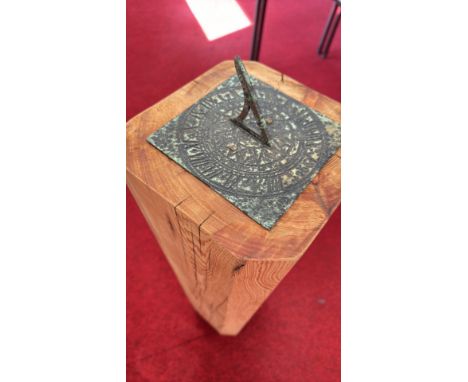 Wooden sundial pedestal, pine construction, topped with a bronze sundial plate featuring Roman numerals. Mid-Century Modern s