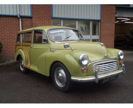 A 1971 Morris Minor Traveller, registration number AHY 591J, chassis number MAW5D1291605F, Lime flower. This Traveller, curre