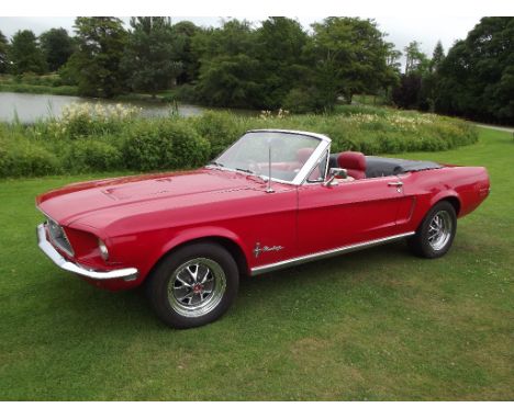 A 1968 Ford Mustang 302 convertible (RHD), registration number TGK 4F, chassis number 8T03J116891, red.  This classic Ford Mu