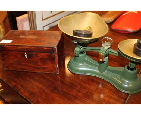 19TH CENTURY MAHOGANY TEA CADDY
with line inlay and ivory escutcheon, damages; together with a vintage set of scales (2)