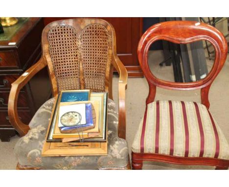 WALNUT CANE BACKED ARMCHAIR
along with a balloon back chair and prints