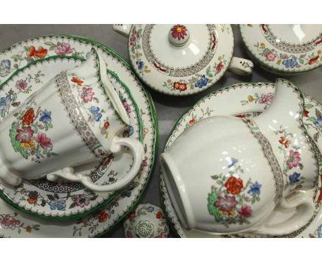 EXTENSIVE SPODE CHINESE ROSE PART DINNER SERVICE
including dinner plates, twin handled soup bowls, saucers, serving platters,